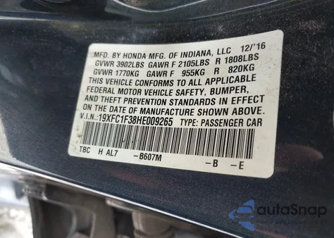 2017 Honda Civic Ex-T from USA, damaged, VIN 19XFC1F38HE009265